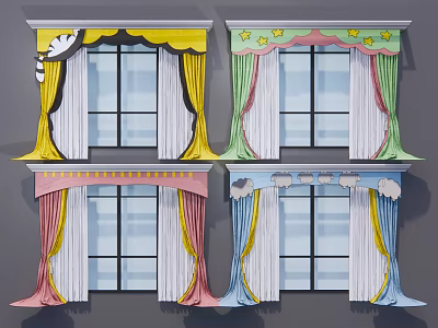 Colorful Window Curtains With Decorative Valances In Yellow Green Pink Blue 3d model