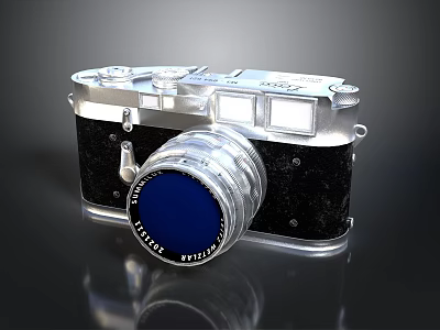 Vintage Electronic Camera With Silver Metal Body Blue Lens And Classic Design 3d model