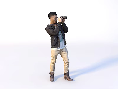 Man Taking Photos With Camera In Black Jacket White T-shirt Beige Pants Brown Boots 3d model