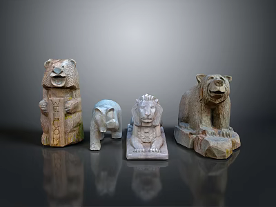 Decorative Animal Statues Display With Bear Elephant Lion And Stone Craft Details 3d model