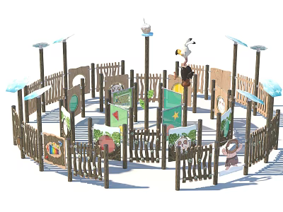 Circular Garden Ornament With Wooden Fences Decorative Flags Cartoon Figures And Small Houses 3d model