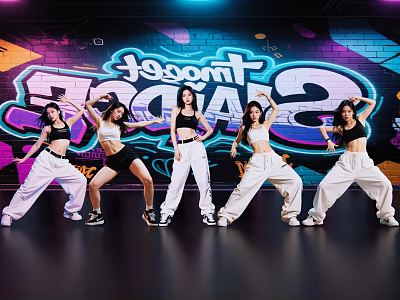 Women Performing Energetic Street Dance With Colorful Graffiti Background And Neon Lights 3d model