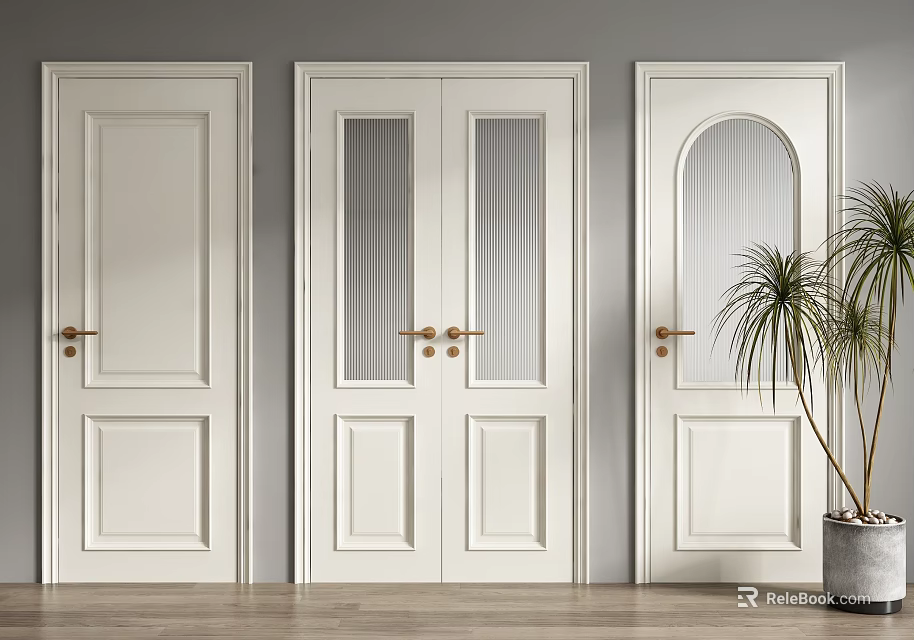 White Interior Double Doors with Glass Panels and Brass Handles Near Potted Plant 3d model 