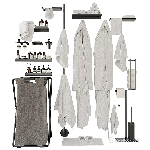 Daily Bathroom Essentials With Hanging Towels And Toiletry Bottles On Storage Racks 3d model 