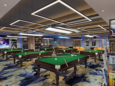 Modern Billiard Room With Pool Tables Cozy Sofas And Ceiling Lights 3d model