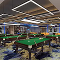 Modern Billiard Room With Pool Tables Cozy Sofas And Ceiling Lights