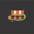 Wooden Fruit Stand with Striped Awning Colorful Pennant Flags Fruits in Compartments and Wooden Barrel