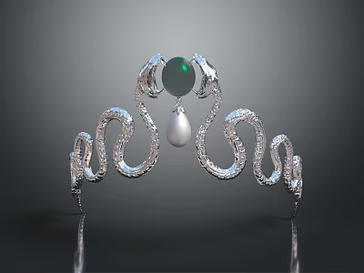 Elegant Silver Tiara With Snake Design Green Gemstone And Pearl 3d model