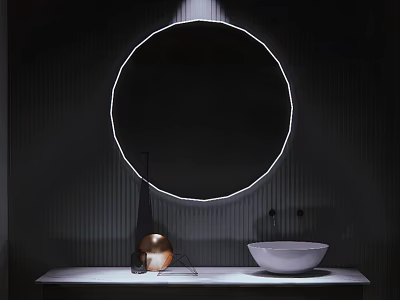 Stylish Washbasin with Backlit Round Mirror White Basin Copper Decor on Dark Vertical Striped Wall 3d model