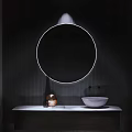 Stylish Washbasin with Backlit Round Mirror White Basin Copper Decor on Dark Vertical Striped Wall