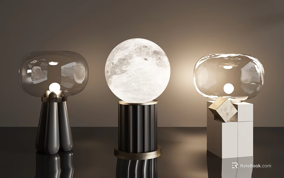 Modern Table Lamps With Transparent Spherical Shades Moon Texture Black White Bases Gold Accents 3d model 