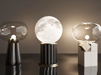 Modern Table Lamps With Transparent Spherical Shades Moon Texture Black White Bases Gold Accents 3d model