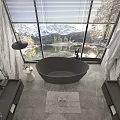 Modern Bathroom Interior With Freestanding Black Bath And Mountain Lake View Through Large Window