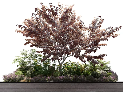 Reddish Brown Leaf Tree Surrounded by Green Plants and Purple Flowers on Dark Ground 3d model