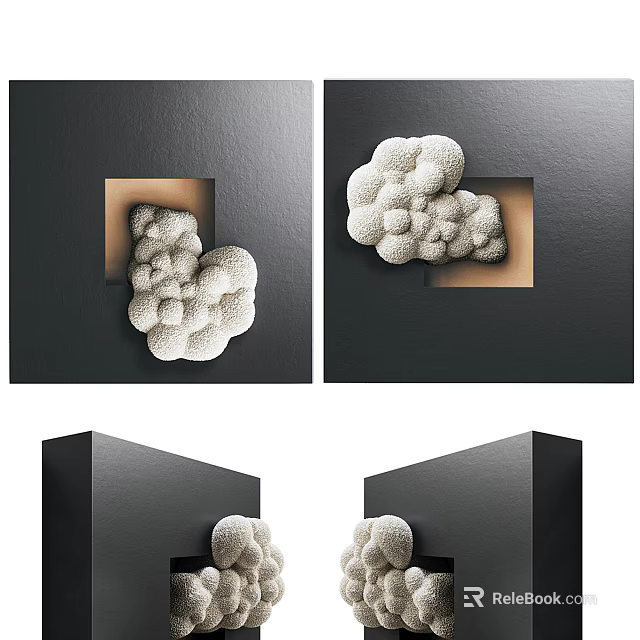 Abstract Painting With Black Background And White Sculptural Textured Forms In Square Frames 3d model