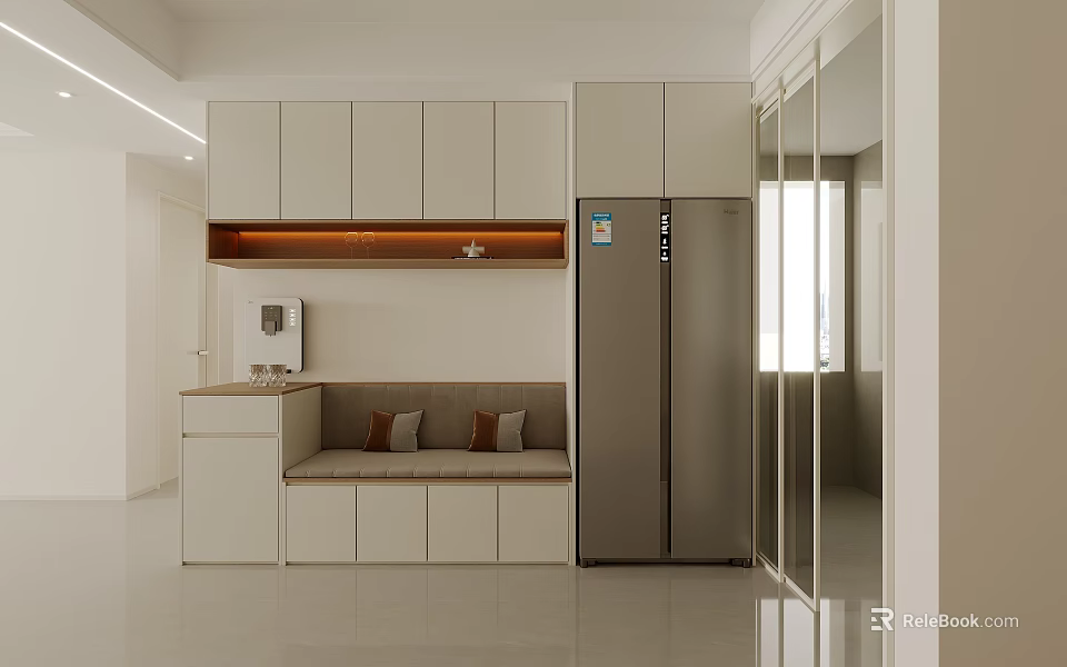 Modern White Sideboard Cabinet With Upper Storage Bench Seating And Stainless Steel Refrigerator 3d model 
