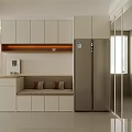 Modern White Sideboard Cabinet With Upper Storage Bench Seating And Stainless Steel Refrigerator