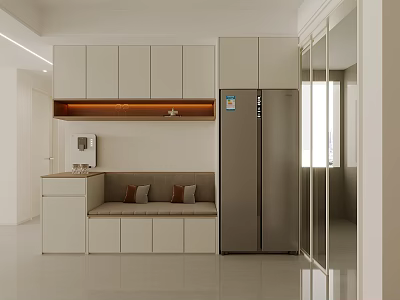 Modern White Sideboard Cabinet With Upper Storage Bench Seating And Stainless Steel Refrigerator 3d model