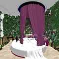 Hotel Guest Room With Green Plant Walls Round Bathtub Purple Drapes Natural Path And Skylight