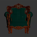 Vintage Green Velvet Armchair With Red Carved Wooden Frame And Curved Legs