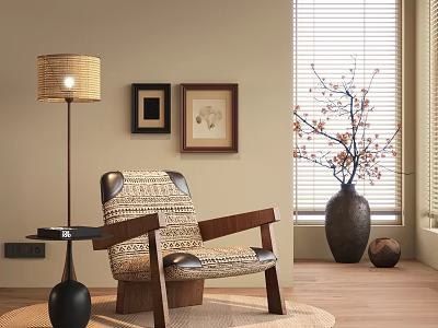 Woven Leisure Chair with Wooden Frame Floor Lamp Side Table and Wall Art in Interior 3d model
