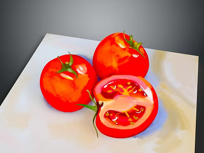 Fresh Ripe Tomatoes With One Sliced Open On White Plate Showing Juicy Flesh And Seeds 3d model