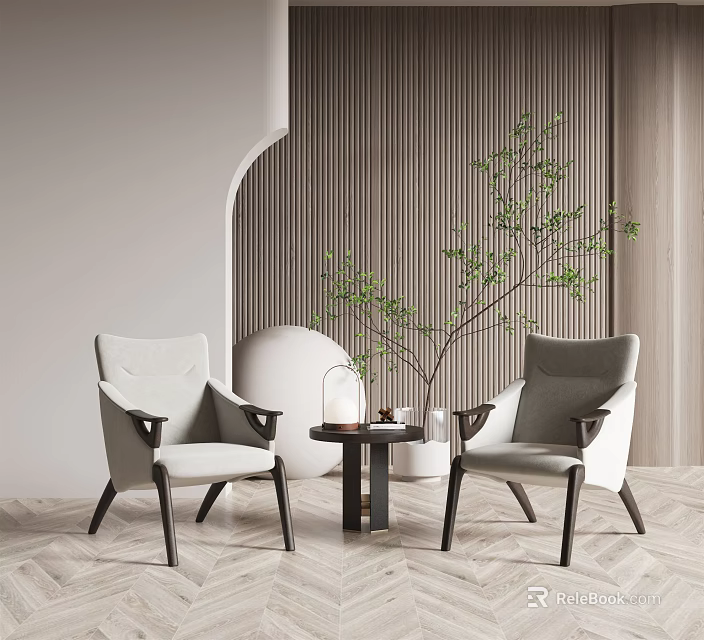 Contemporary Leisure Sofa Set Featuring Armchairs Round Table And Potted Plant In Wooden Interior 3d model 