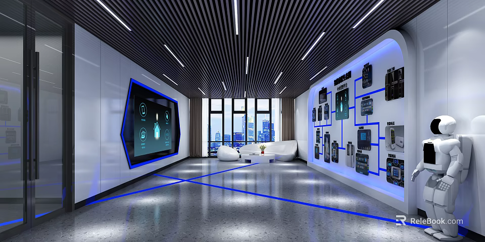 Modern Exhibition Hall with Digital Display Walls Ceiling Lighting and Spacious Futuristic Interior 3d model 