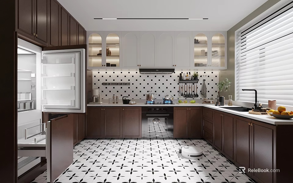 Kitchen Interior With Dark Brown Cabinets White Upper Cabinets Polka Dot Backsplash And Geometric Floor 3d model 