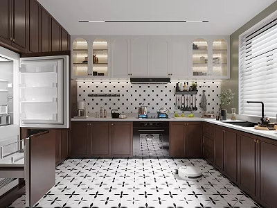 Kitchen Interior With Dark Brown Cabinets White Upper Cabinets Polka Dot Backsplash And Geometric Floor 3d model