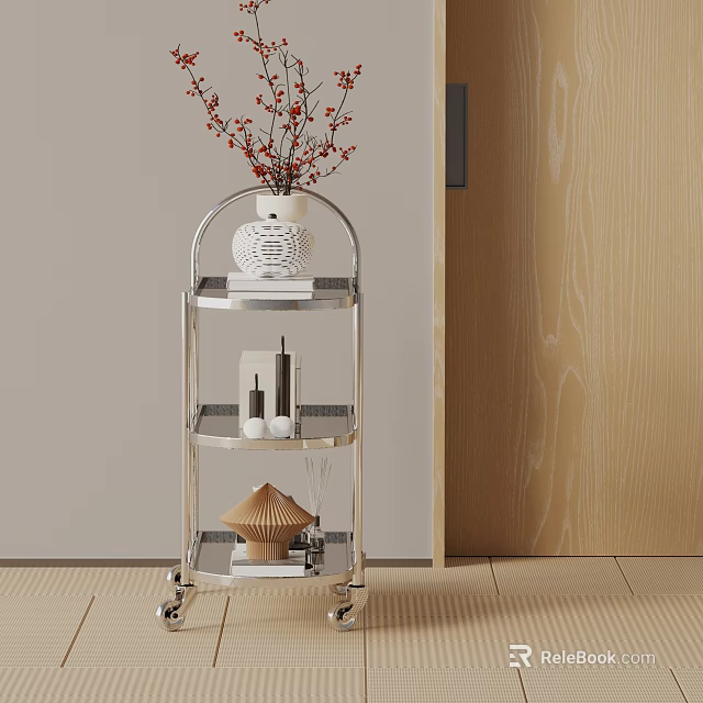 Stylish Metallic Side Table With Multi Tiered Shelves Vase And Decorative Items On Wheels 3d model 