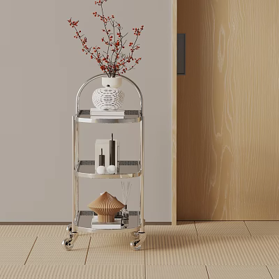 Stylish Metallic Side Table With Multi Tiered Shelves Vase And Decorative Items On Wheels 3d model