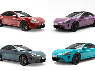 Colorful Electric Cars Displayed On White Background 3d model