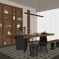 Modern Study Room Interior Design With Wooden Bookshelves Built-in Lighting Long Desk And Geometric Rug