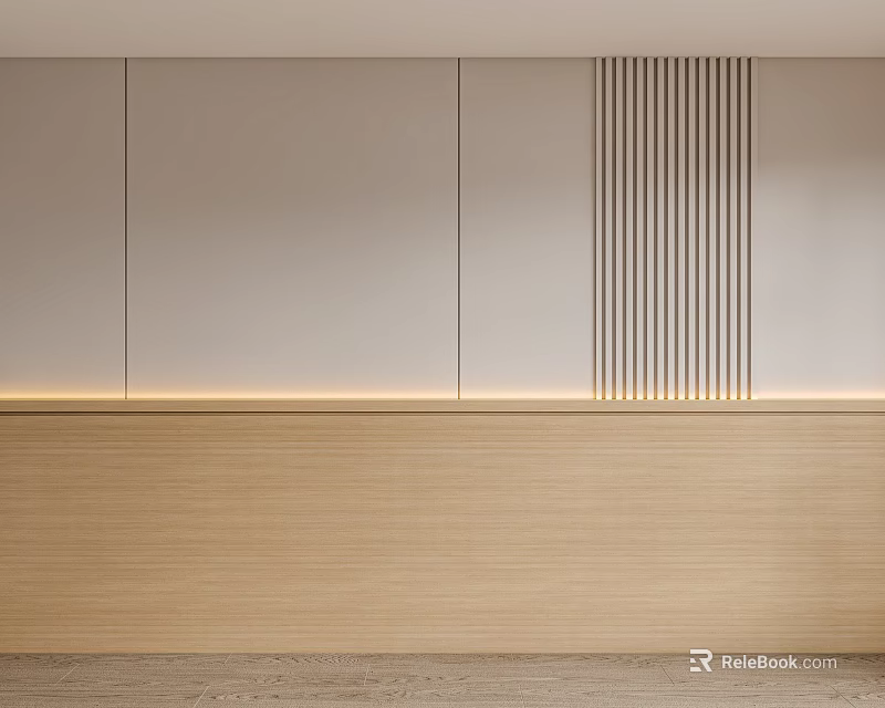 Minimalist Modern Bedroom Accent Wall With Light Colored Panels Vertical Slats And Wooden Base 3d model 
