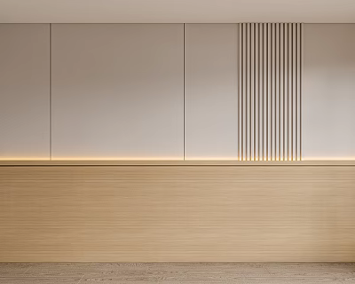 Minimalist Modern Bedroom Accent Wall With Light Colored Panels Vertical Slats And Wooden Base 3d model
