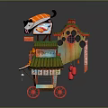 Colorful Street Vendor Cart With Green Roof Red Wheels And Cartoon Cat Decoration