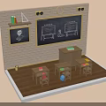 Classic Classroom Interior Design With Brick Wall Blackboard Clock Teacher's Desk And Student Desks Chairs