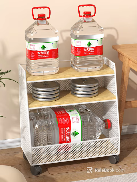 White Multi Tiered Storage Rack With Nongfu Spring Water Bottles And Metal Caps 3d model 