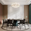 Modern Private Dining Room Interior With Round Table Chairs Chandelier Striped Walls And Curtains