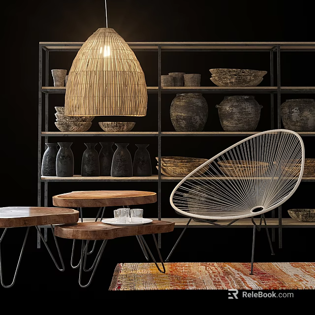 Nested Wooden Coffee Tables With Wicker Lamp Wire Chair And Shelves Adorned With Vases Bowls 3d model 