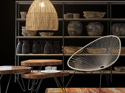 Nested Wooden Coffee Tables With Wicker Lamp Wire Chair And Shelves Adorned With Vases Bowls 3d model