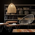 Nested Wooden Coffee Tables With Wicker Lamp Wire Chair And Shelves Adorned With Vases Bowls