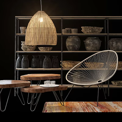 Nested Wooden Coffee Tables With Wicker Lamp Wire Chair And Shelves Adorned With Vases Bowls 3d model
