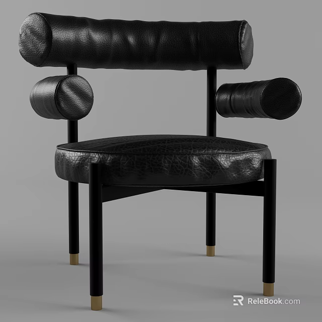 Modern Black Leather Single Chair Featuring Rounded Backrest And Metal Legs With Golden Accents 3d model 
