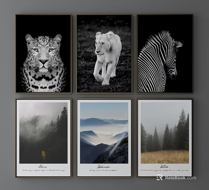 Black and White Animal Paintings Featuring Leopard Lion Zebra Portraits Framed Wall Art 3d model 