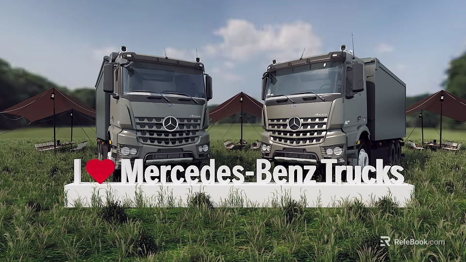 Two Mercedes Benz Functional Trucks Front View In Outdoor Grassland With Tents 3d model 