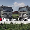Two Mercedes Benz Functional Trucks Front View In Outdoor Grassland With Tents