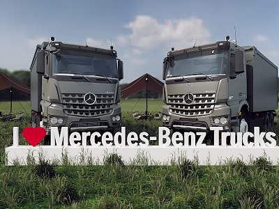 Two Mercedes Benz Functional Trucks Front View In Outdoor Grassland With Tents 3d model