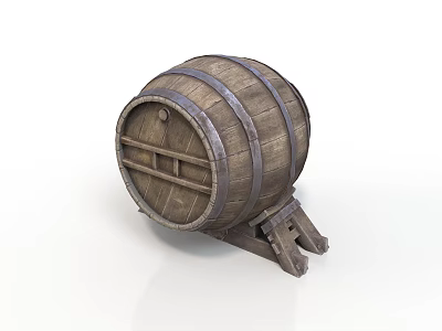 Wooden Barrel With Metal Hoops And Wooden Stand For Home Storage 3d model